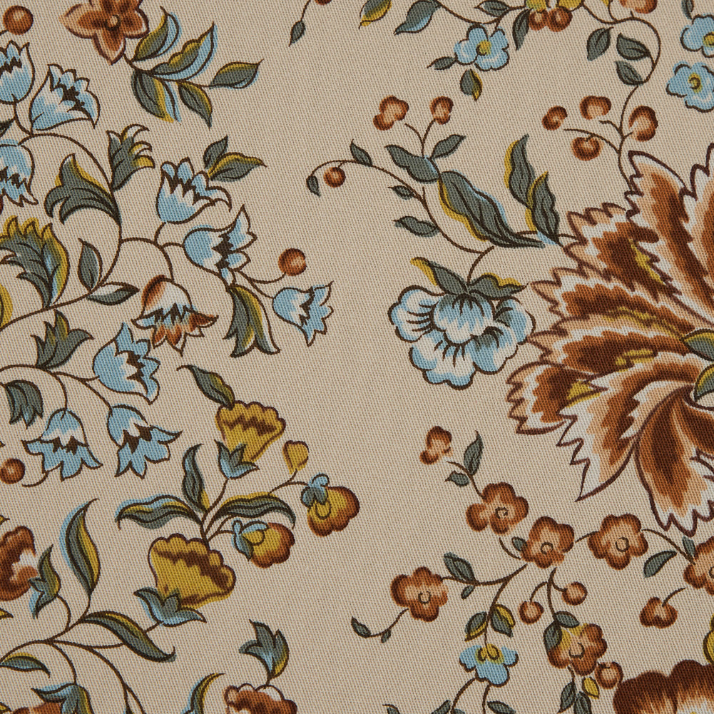 Italian Warm Beige and Blue Floral Cotton Twill