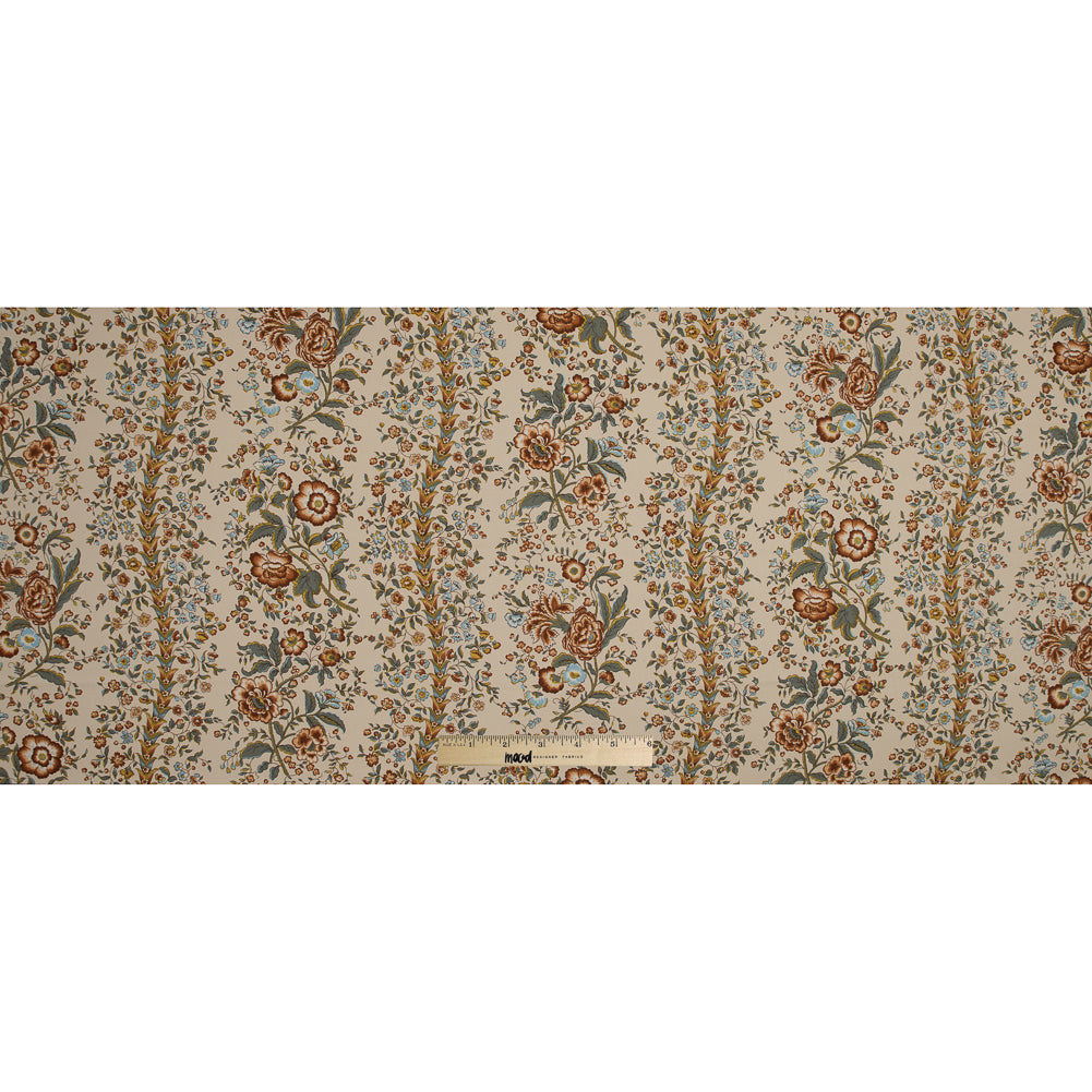 Italian Warm Beige and Blue Floral Cotton Twill