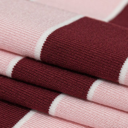 Quartz Pink, Dry Rose and Bright White Awning Striped Polyester Jersey Folded
