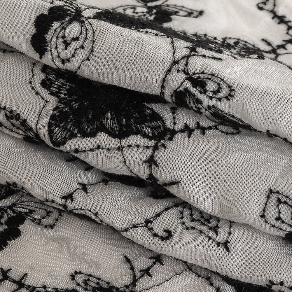 Black and White Embroidered Floral Linen Folded