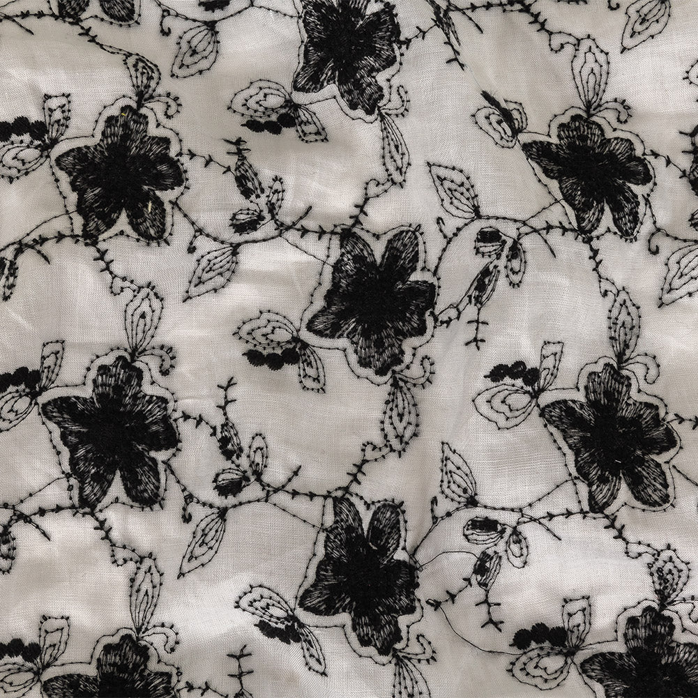 Black and White Embroidered Floral Linen