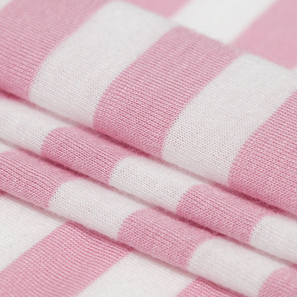 Pressed Rosebloom and Bright White Bengal Striped Polyester Jersey Folded