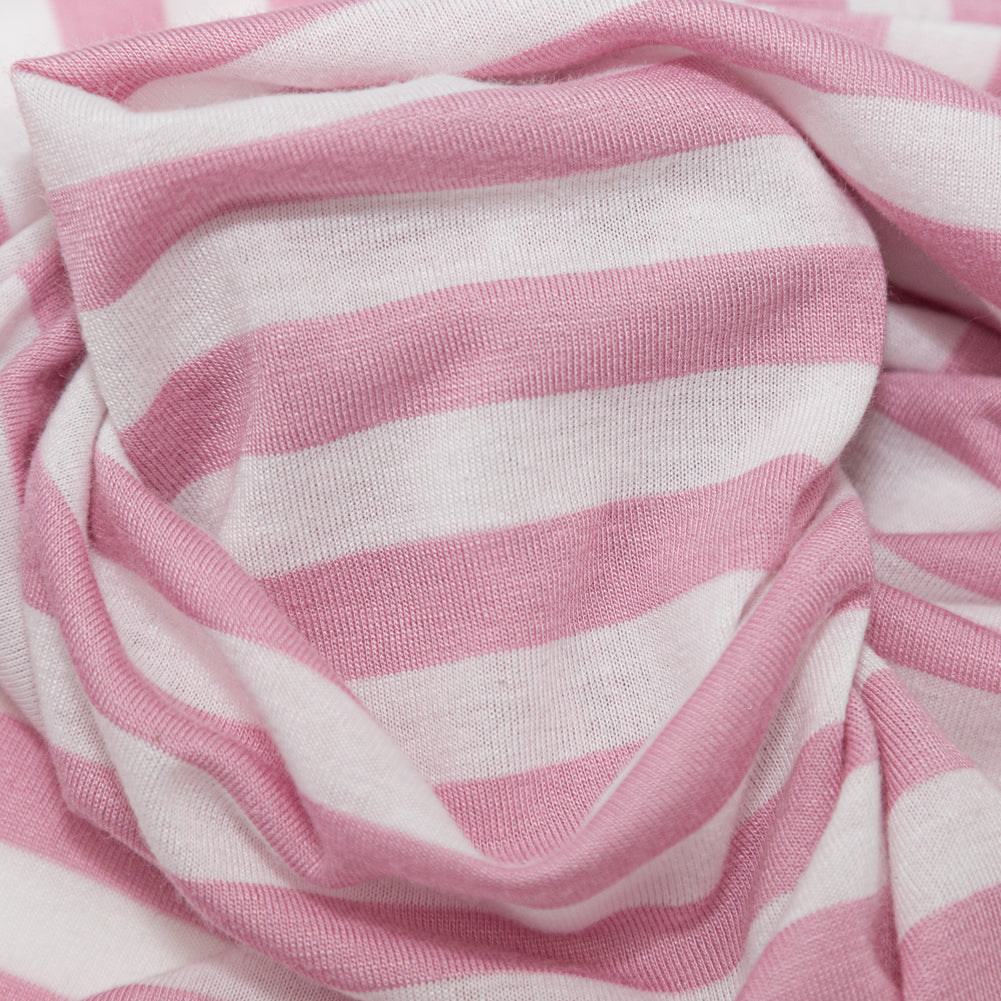 Pressed Rosebloom and Bright White Bengal Striped Polyester Jersey Detail