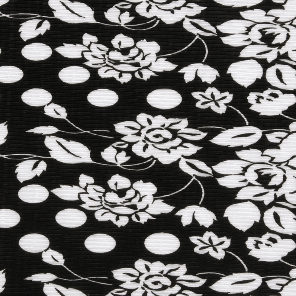 Black and White Polka Dots and Floral Stretch Plisse Detail
