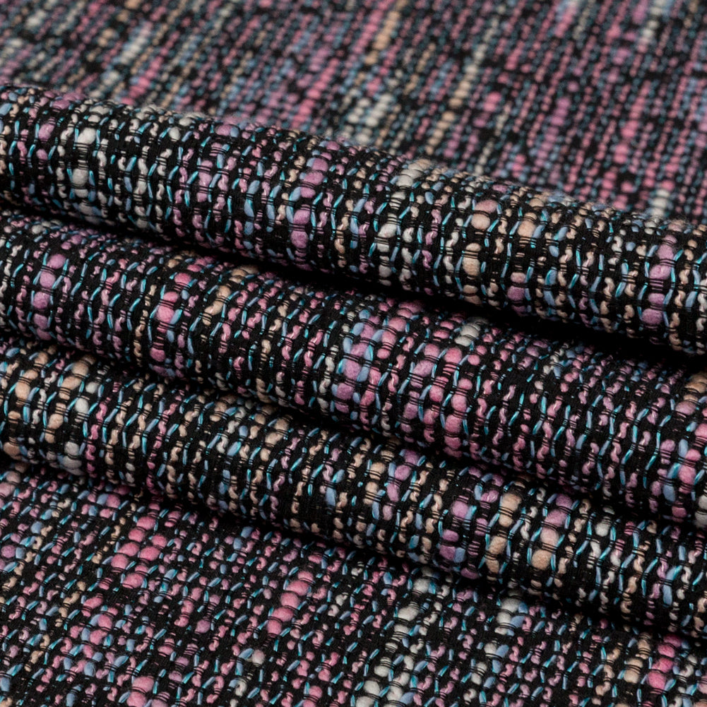 Black, Orchid Smoke and Blue Fog Slubbed Polyester Tweed Folded