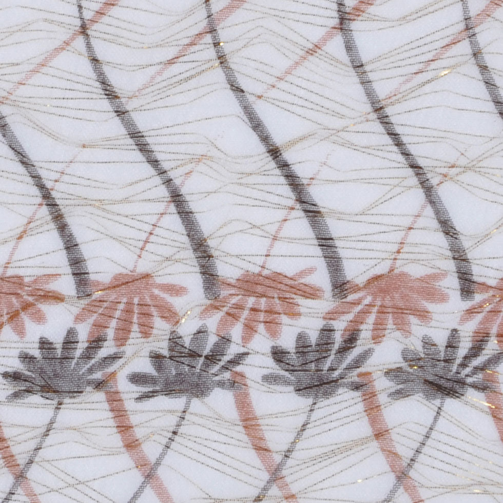 Oatmeal, Chestnut and Orange Floral Gauzy Silk Chiffon encasing Gold Metallic Yarns Detail