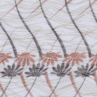 Oatmeal, Chestnut and Orange Floral Gauzy Silk Chiffon encasing Gold Metallic Yarns Detail