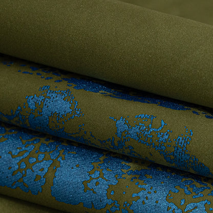 Avocado Green Duchesse Satin with Metallic Stellar Blue Striped Border Print Detail
