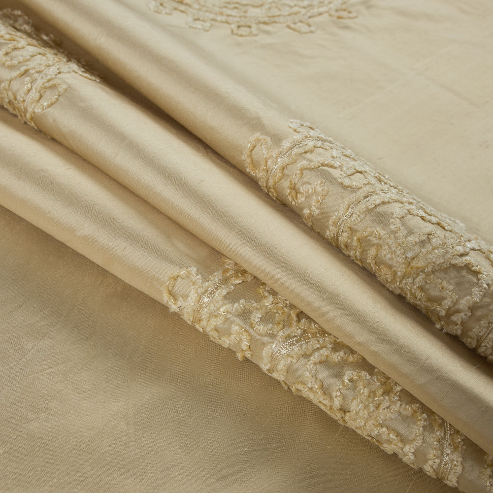 Light Canary Chenille Medallion Embroidered Silk Shantung Folded