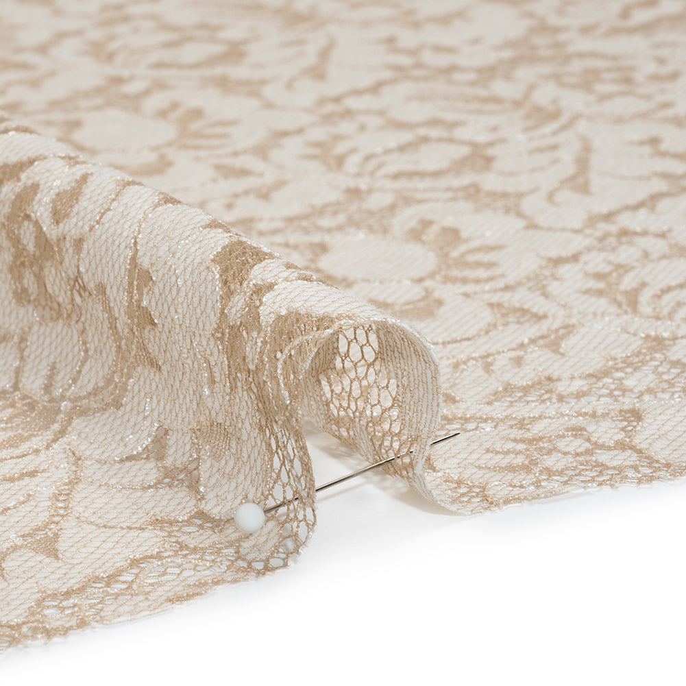 Cotton Blend Raschel Lace Panel with Finished Edges - Linen Beige and White Flowers and Leaves