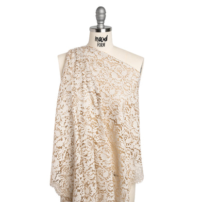 Cotton Blend Raschel Lace Panel with Finished Edges - Linen Beige and White Flowers and Leaves