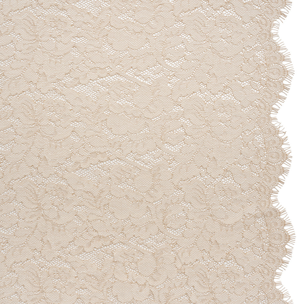 Cotton Blend Raschel Lace Panel with Finished Edges - Linen Beige and White Flowers and Leaves