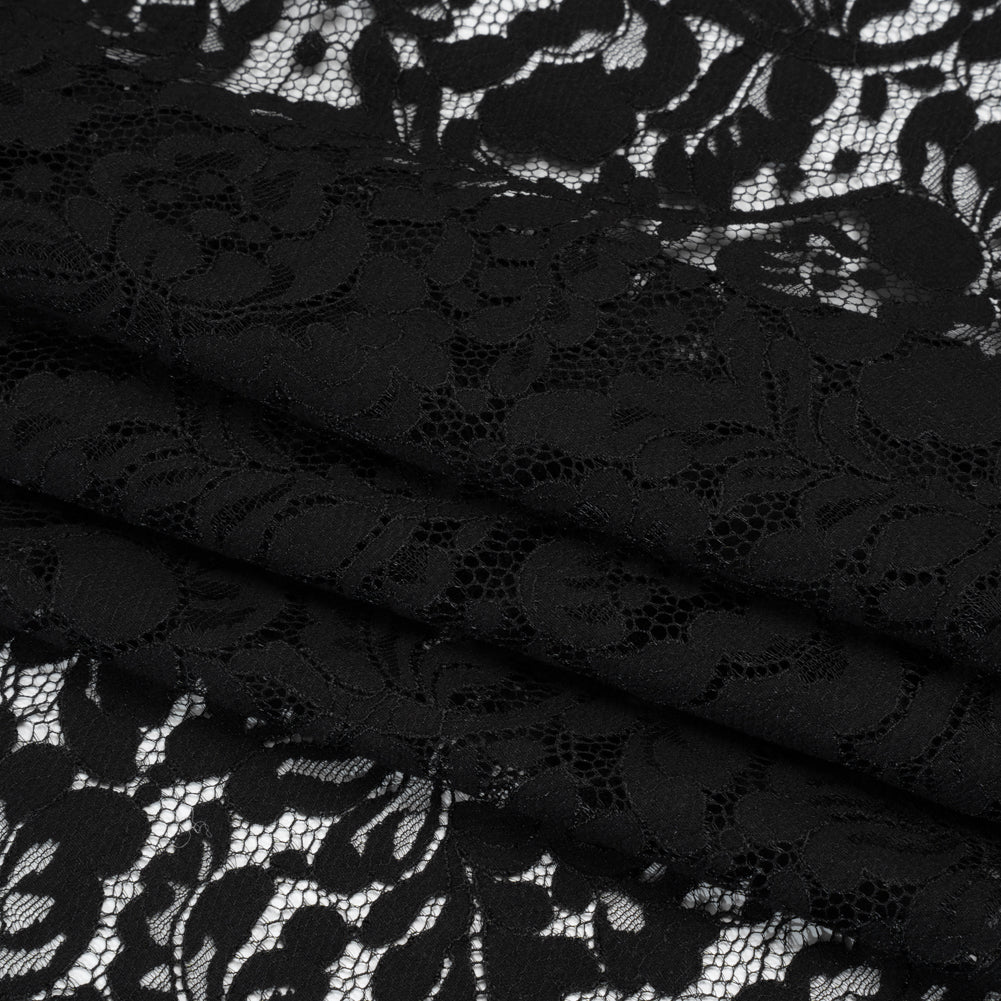 Cotton Blend Raschel Lace Panel with Finished Edges - Black Flowers and Leaves - Folded