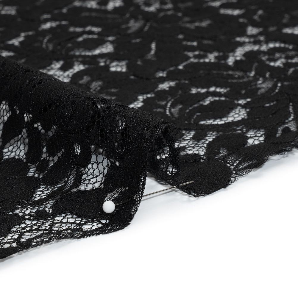 Cotton Blend Raschel Lace Panel with Finished Edges - Black Flowers and Leaves - Detail