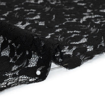 Cotton Blend Raschel Lace Panel with Finished Edges - Black Flowers and Leaves