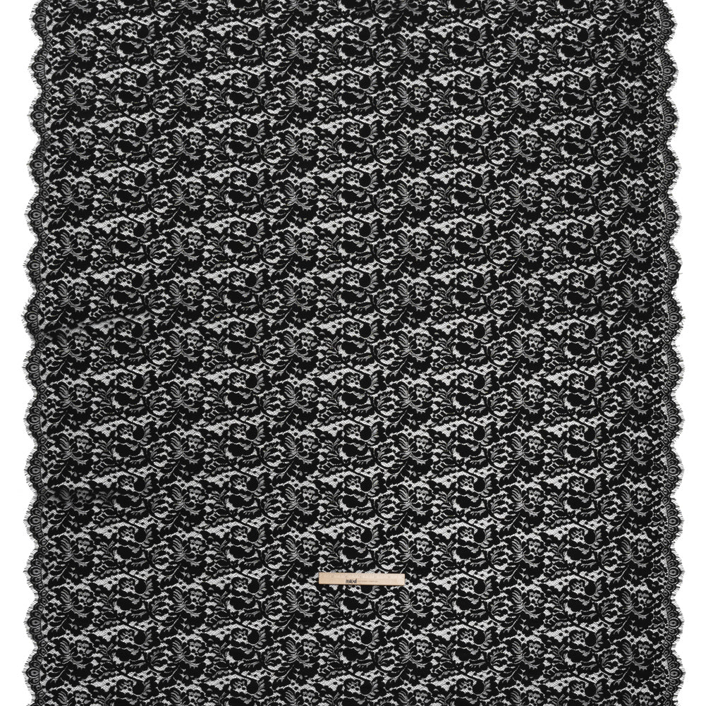 Cotton Blend Raschel Lace Panel with Finished Edges - Black Flowers and Leaves - Full