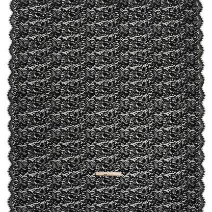 Cotton Blend Raschel Lace Panel with Finished Edges - Black Flowers and Leaves