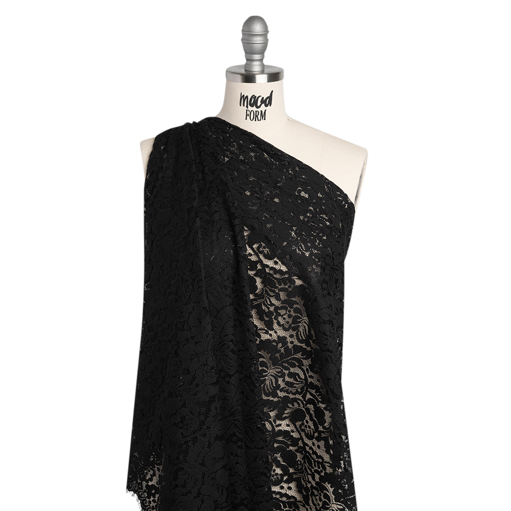 Cotton Blend Raschel Lace Panel with Finished Edges - Black Flowers and Leaves - Drape