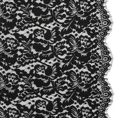 Cotton Blend Raschel Lace Panel with Finished Edges - Black Flowers and Leaves