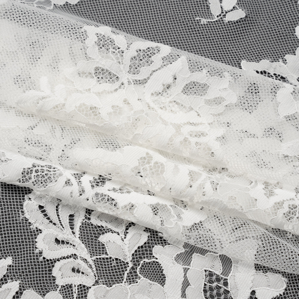 Nylon and Rayon Raschel Lace Panel with Finished Edges - Ivory Blooming Bunches and Borders