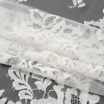 Nylon and Rayon Raschel Lace Panel with Finished Edges - Ivory Blooming Bunches and Borders