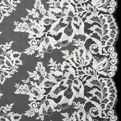 Nylon and Rayon Raschel Lace Panel with Finished Edges - Ivory Blooming Bunches and Borders