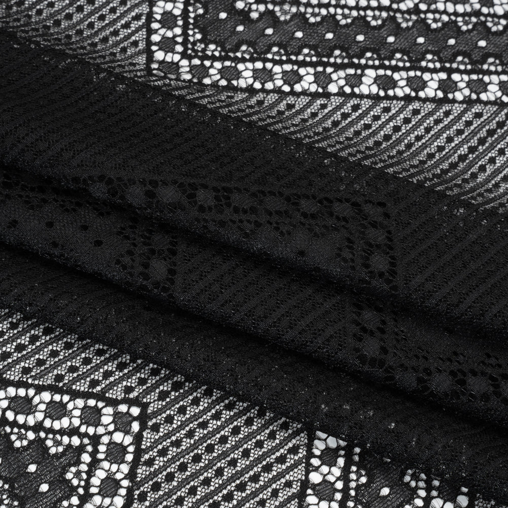 Recycled Nylon Raschel Lace Panel With Finished Edges - Black Geometric Chevrons - Folded