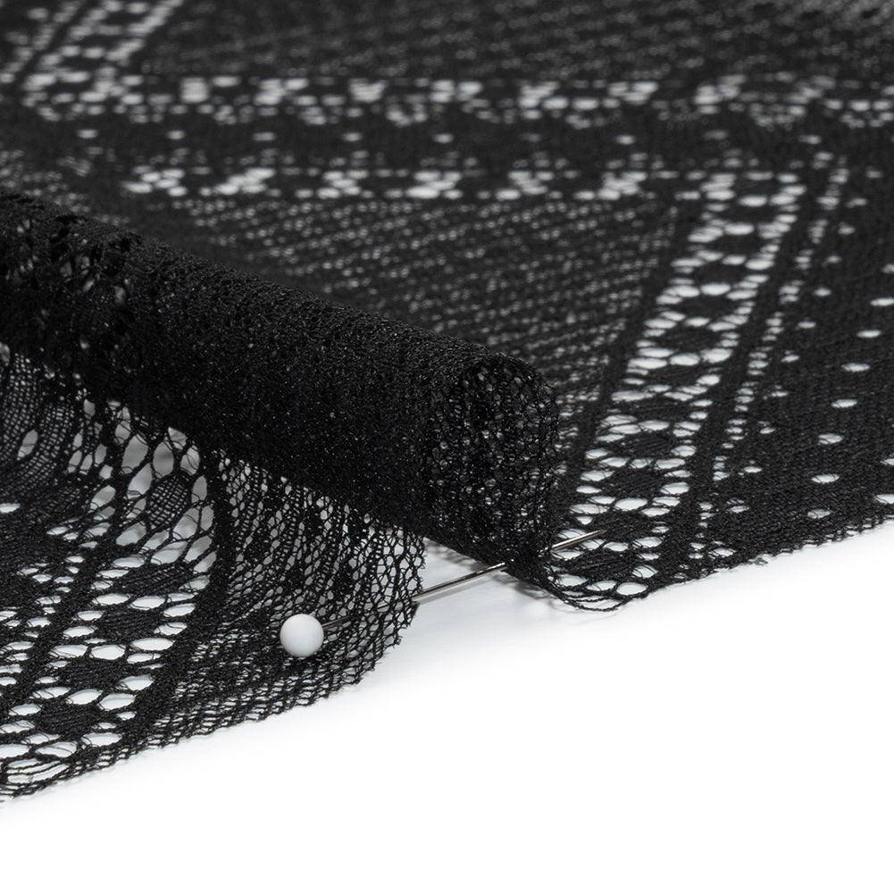 Recycled Nylon Raschel Lace Panel With Finished Edges - Black Geometric Chevrons - Detail