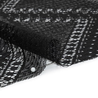 Recycled Nylon Raschel Lace Panel With Finished Edges - Black Geometric Chevrons
