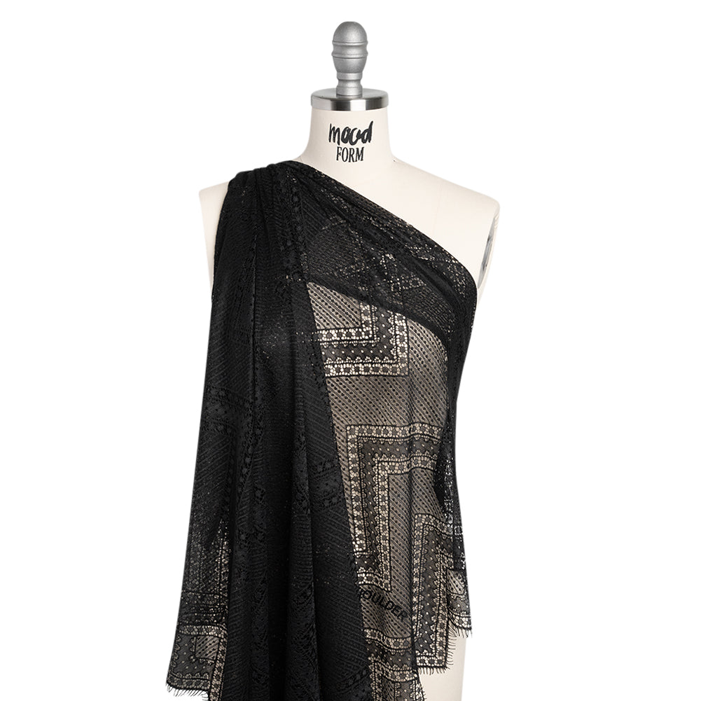 Recycled Nylon Raschel Lace Panel With Finished Edges - Black Geometric Chevrons - Drape