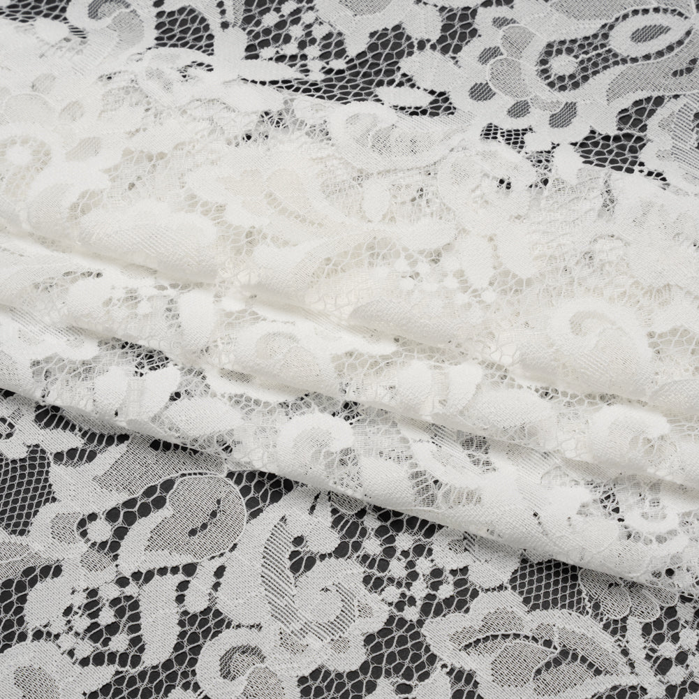 Nylon and Rayon Raschel Lace Panel with Finished Edges - Ivory Florals and Curls - Folded