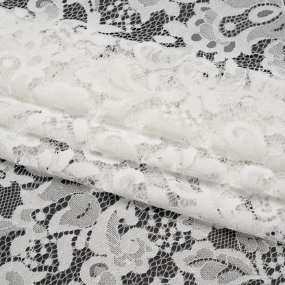 Nylon and Rayon Raschel Lace Panel with Finished Edges - Ivory Florals and Curls