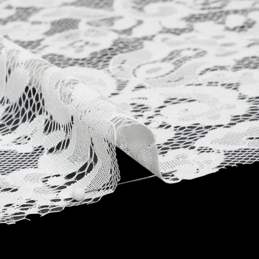 Nylon and Rayon Raschel Lace Panel with Finished Edges - Ivory Florals and Curls - Detail