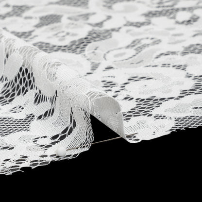 Nylon and Rayon Raschel Lace Panel with Finished Edges - Ivory Florals and Curls