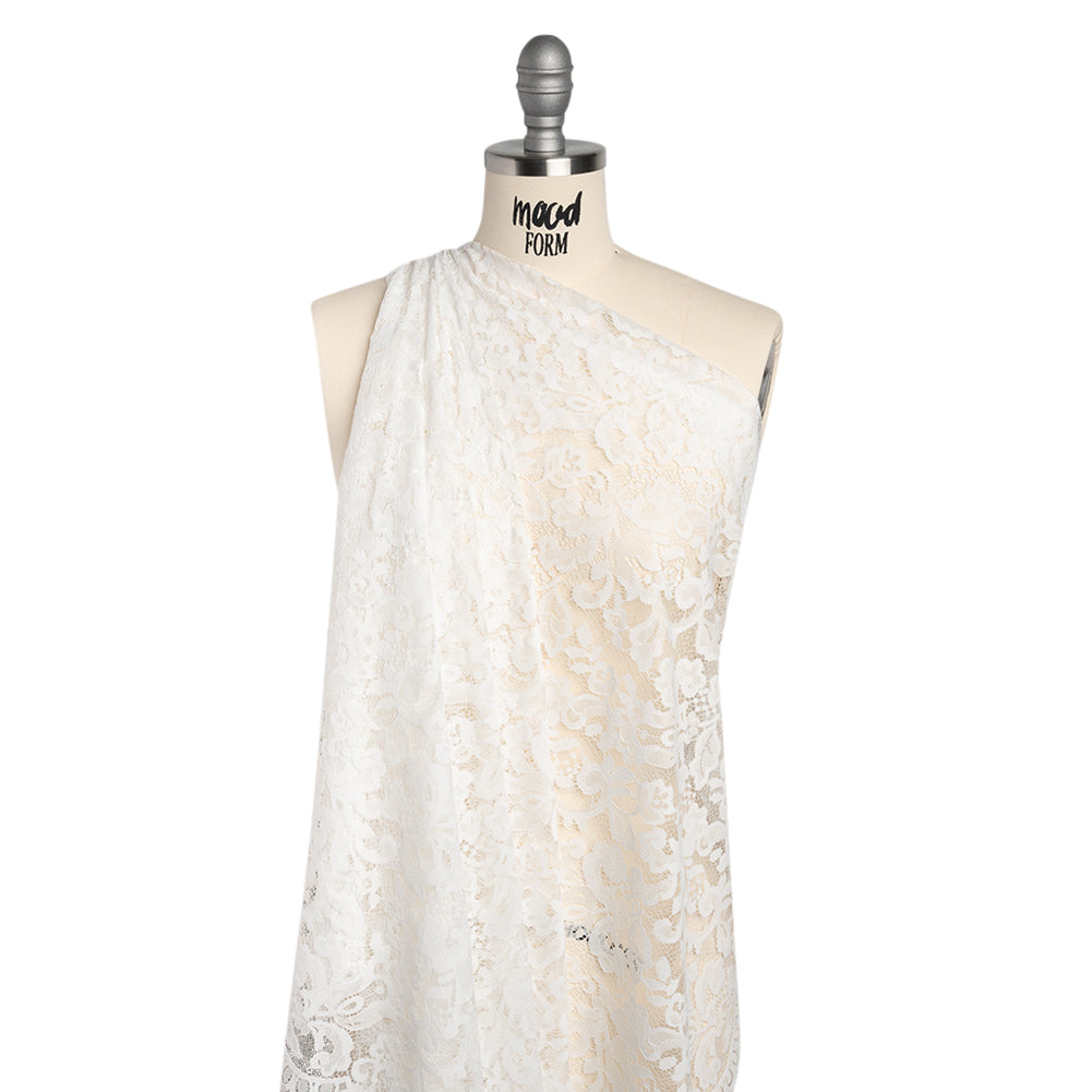 Nylon and Rayon Raschel Lace Panel with Finished Edges - Ivory Florals and Curls - Drape