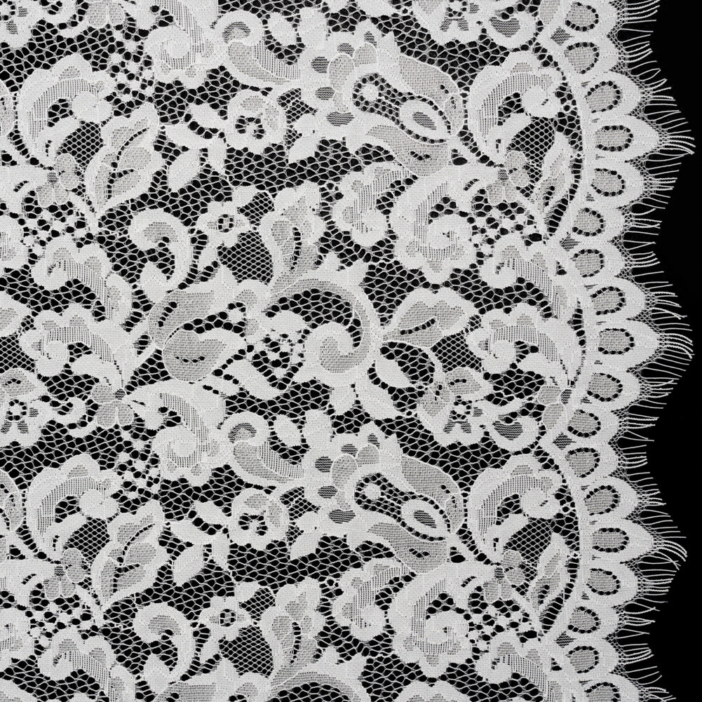 Nylon and Rayon Raschel Lace Panel with Finished Edges - Ivory Florals and Curls