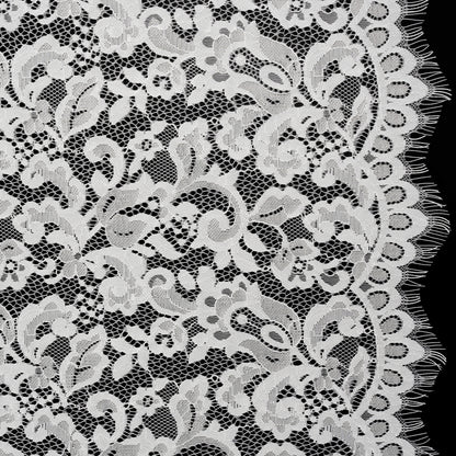 Nylon and Rayon Raschel Lace Panel with Finished Edges - Ivory Florals and Curls