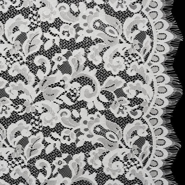 Nylon and Rayon Raschel Lace Panel with Finished Edges - Ivory Florals and Curls