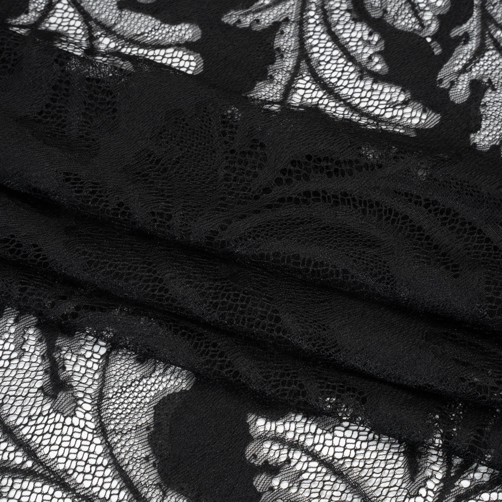 Nylon and Rayon Raschel Lace Panel with Finished Edges - Black Floating Leaves - Folded