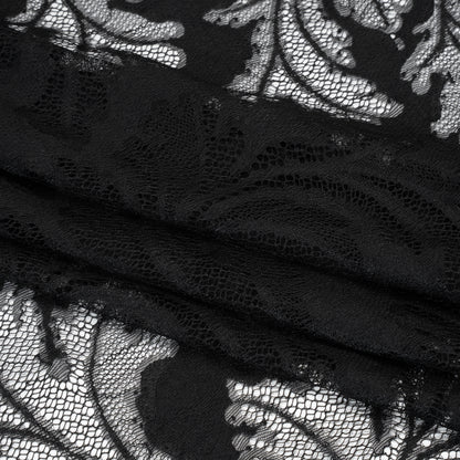 Nylon and Rayon Raschel Lace Panel with Finished Edges - Black Floating Leaves