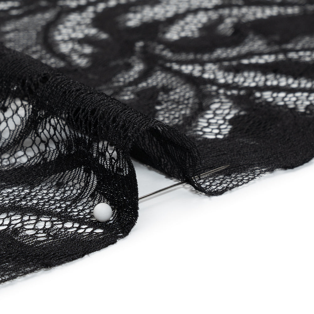 Nylon and Rayon Raschel Lace Panel with Finished Edges - Black Floating Leaves - Detail