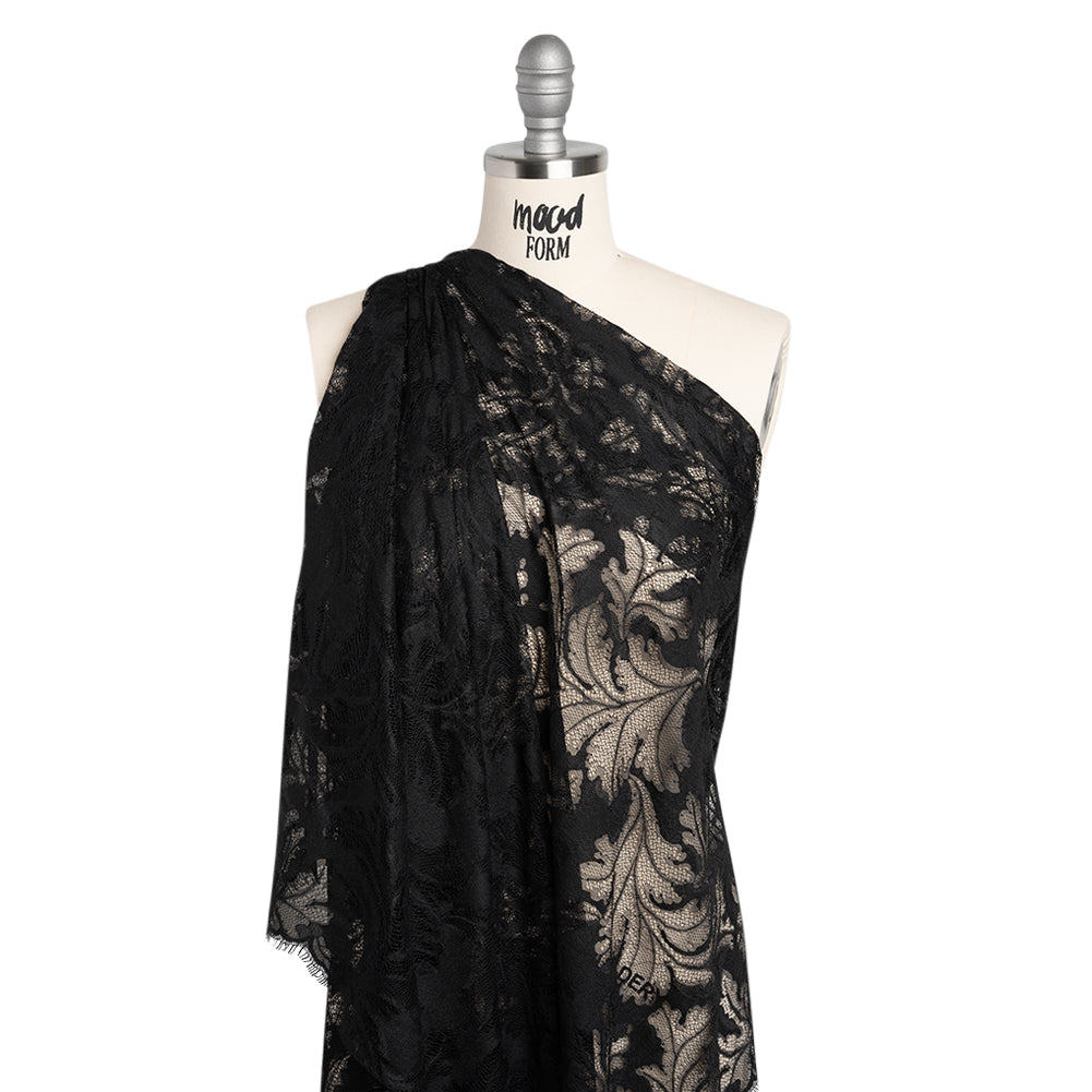 Nylon and Rayon Raschel Lace Panel with Finished Edges - Black Floating Leaves - Drape