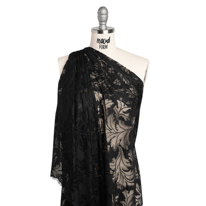 Nylon and Rayon Raschel Lace Panel with Finished Edges - Black Floating Leaves