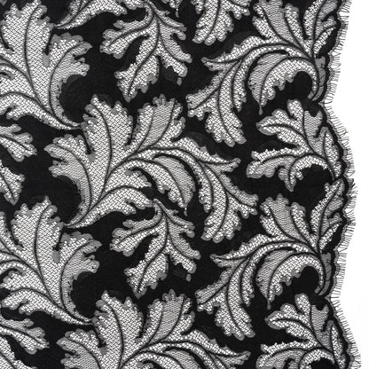 Nylon and Rayon Raschel Lace Panel with Finished Edges - Black Floating Leaves