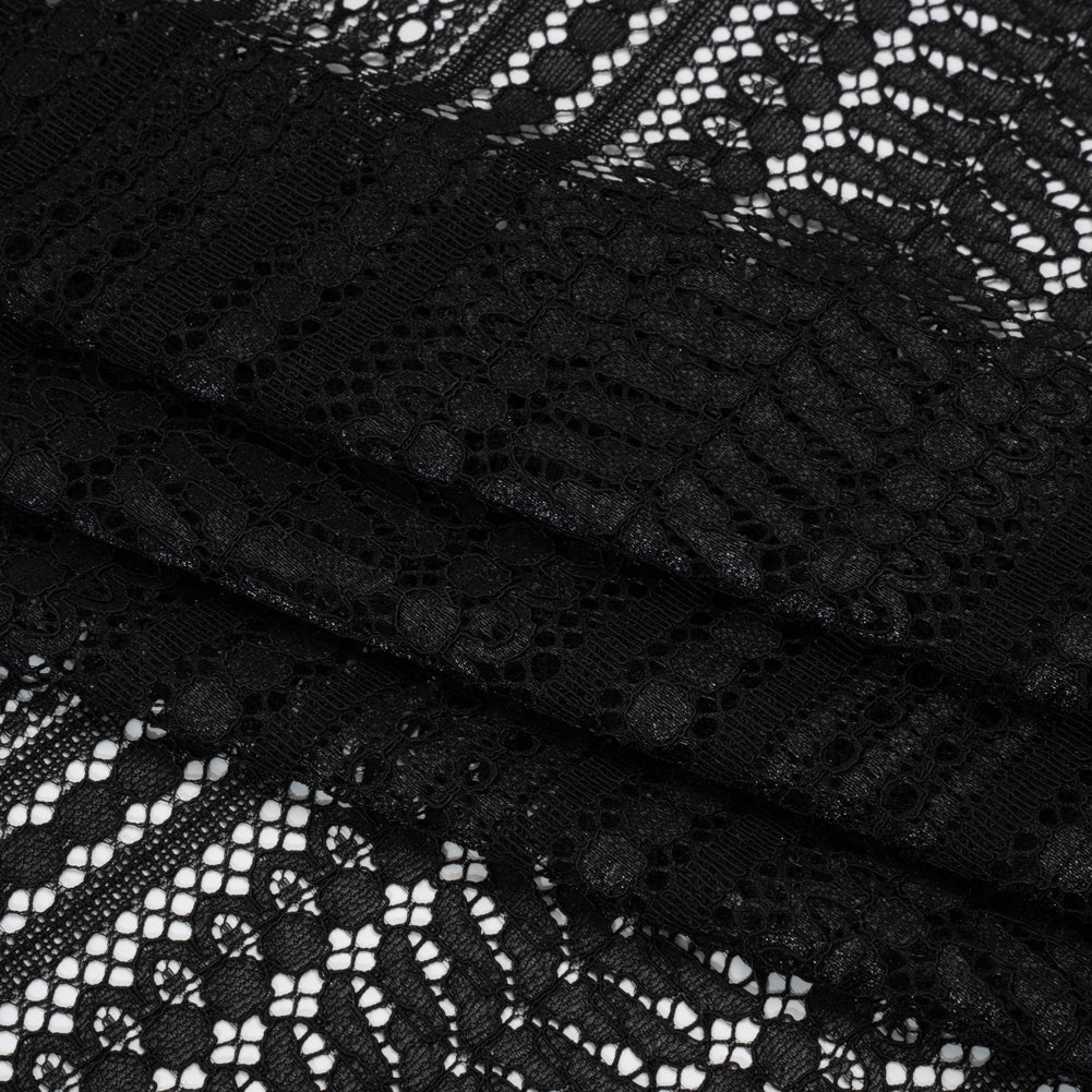 Luminous Corded Lace Panel with Finished Fringed Edges - Black Dot and Leaf Stripes