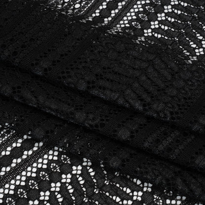 Luminous Corded Lace Panel with Finished Fringed Edges - Black Dot and Leaf Stripes