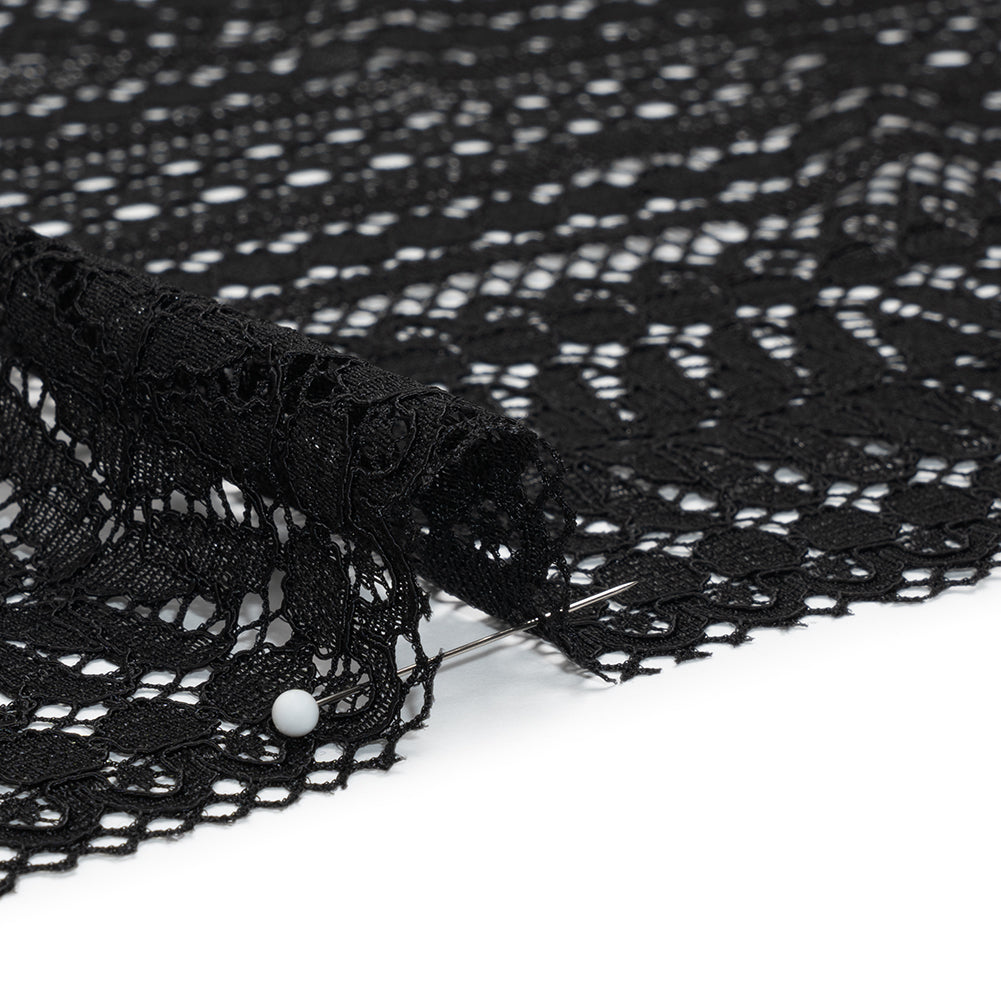 Luminous Corded Lace Panel with Finished Fringed Edges - Black Dot and Leaf Stripes