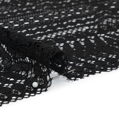 Luminous Corded Lace Panel with Finished Fringed Edges - Black Dot and Leaf Stripes