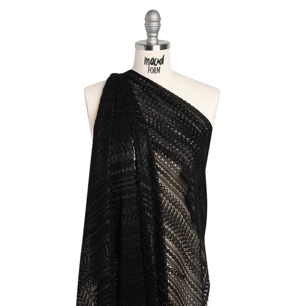 Luminous Corded Lace Panel with Finished Fringed Edges - Black Dot and Leaf Stripes