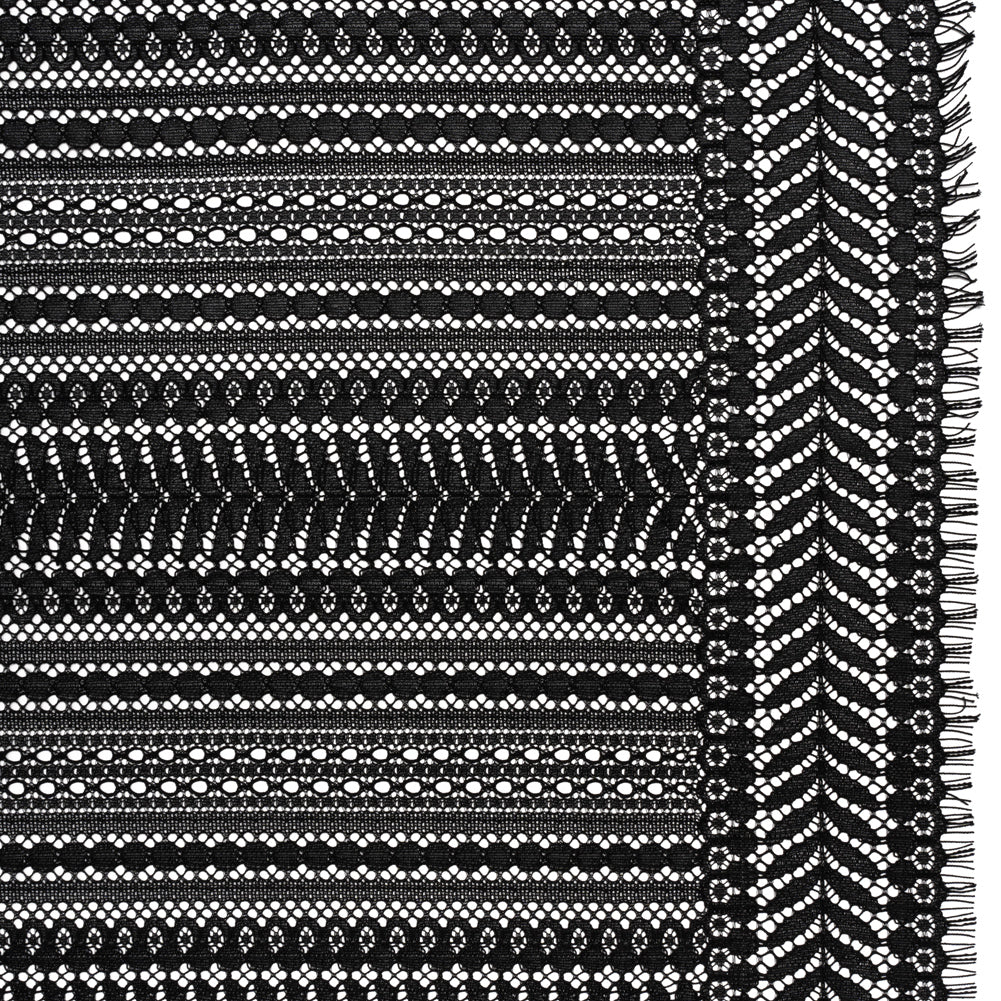 Luminous Corded Lace Panel with Finished Fringed Edges - Black Dot and Leaf Stripes